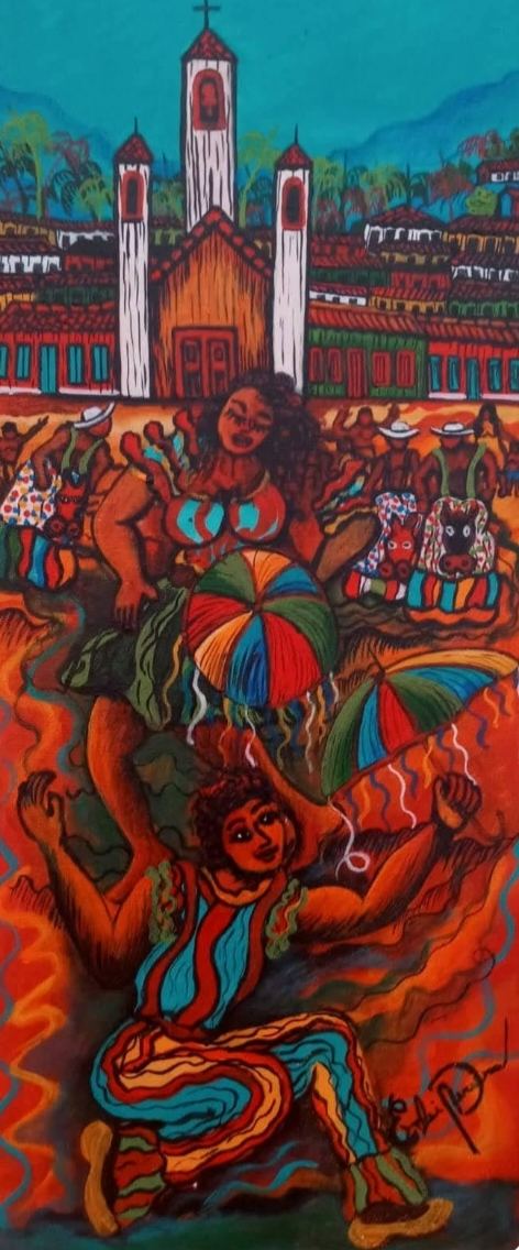 Pintura vertical de duas pessoas dançando com sombrinhas coloridas diante de uma igreja de três torres, com figuras fantasiadas ao fundo
