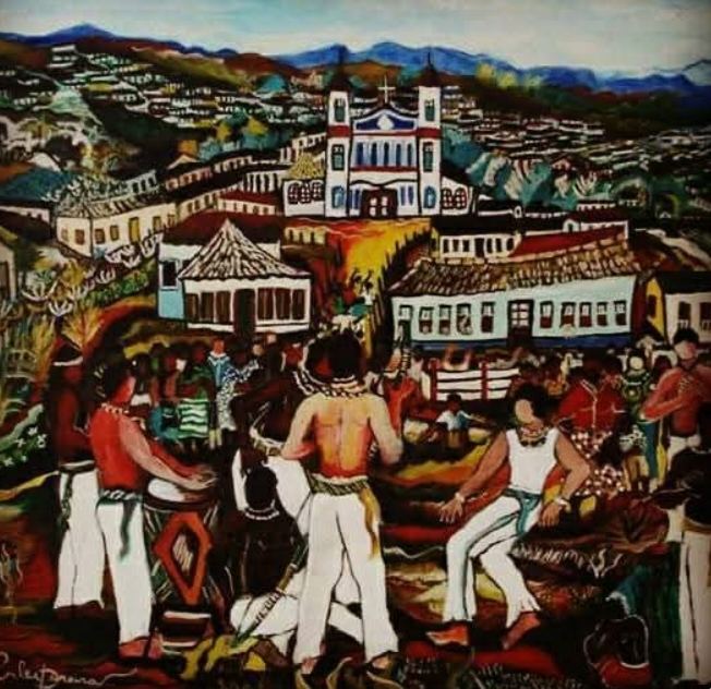 Pintura de uma roda de capoeira com tambor, dois jogadores de calça branca ao centro, igreja branca de duas torres e cidade no morro