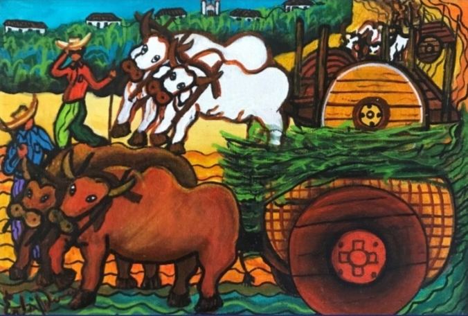 Pintura de um carro de boi carregado de cana, puxado por um par de bois brancos e um de bois marrons, com lavradores de chapéu
