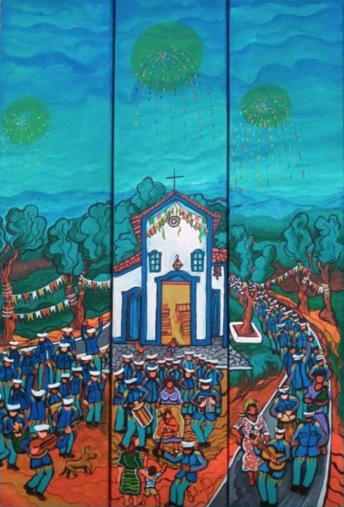 Pintura em três partes de uma guarda de uniforme azul e quepe branco diante de uma capela branca e azul, com bandeirinhas e fogos verdes