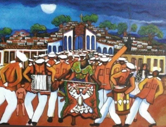 Pintura noturna de uma guarda de uniforme laranja e quepe branco, com sanfona, tambor e estandarte com pomba branca, sob lua cheia