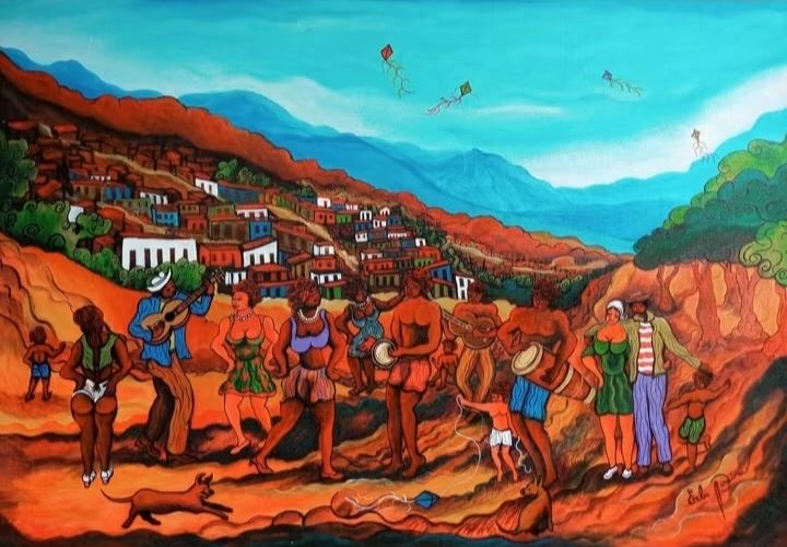 Pintura de um grupo tocando violão e tambores e dançando numa estrada de terra vermelha, com casario no morro e pipas no céu