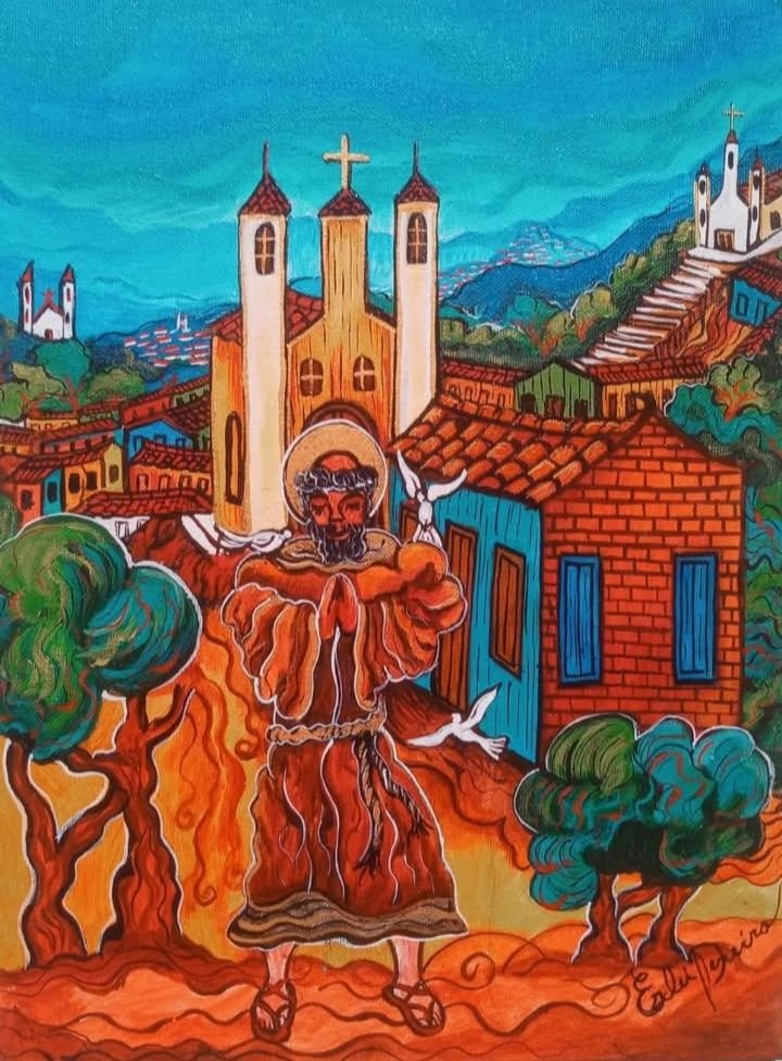Pintura de São Francisco de Assis de mãos postas, com pombas brancas, diante de uma igreja amarela de três torres e do casario