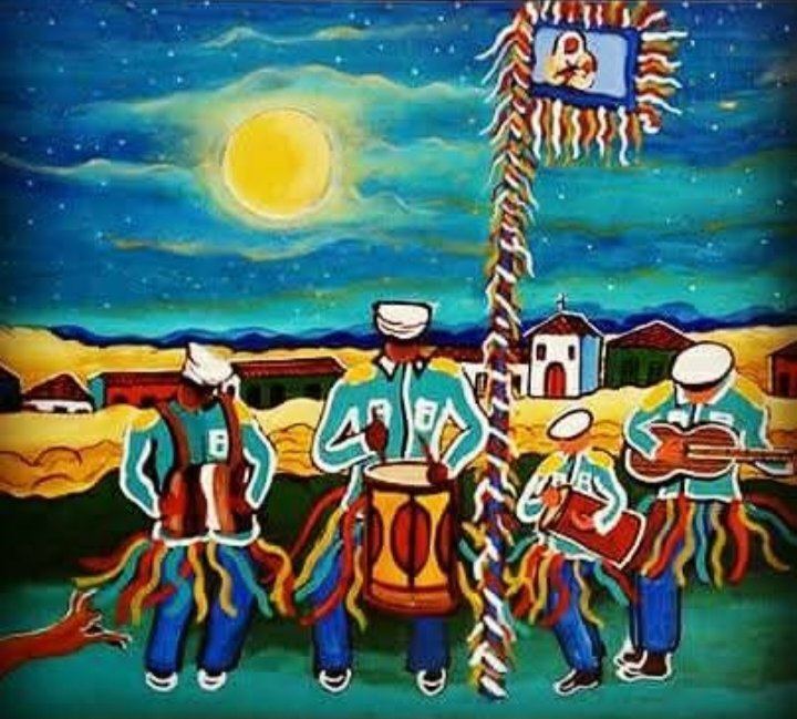 Pintura de quatro tocadores de saiote de fitas, com tambores e viola, ao pé de um mastro com bandeira de santo, sob lua amarela